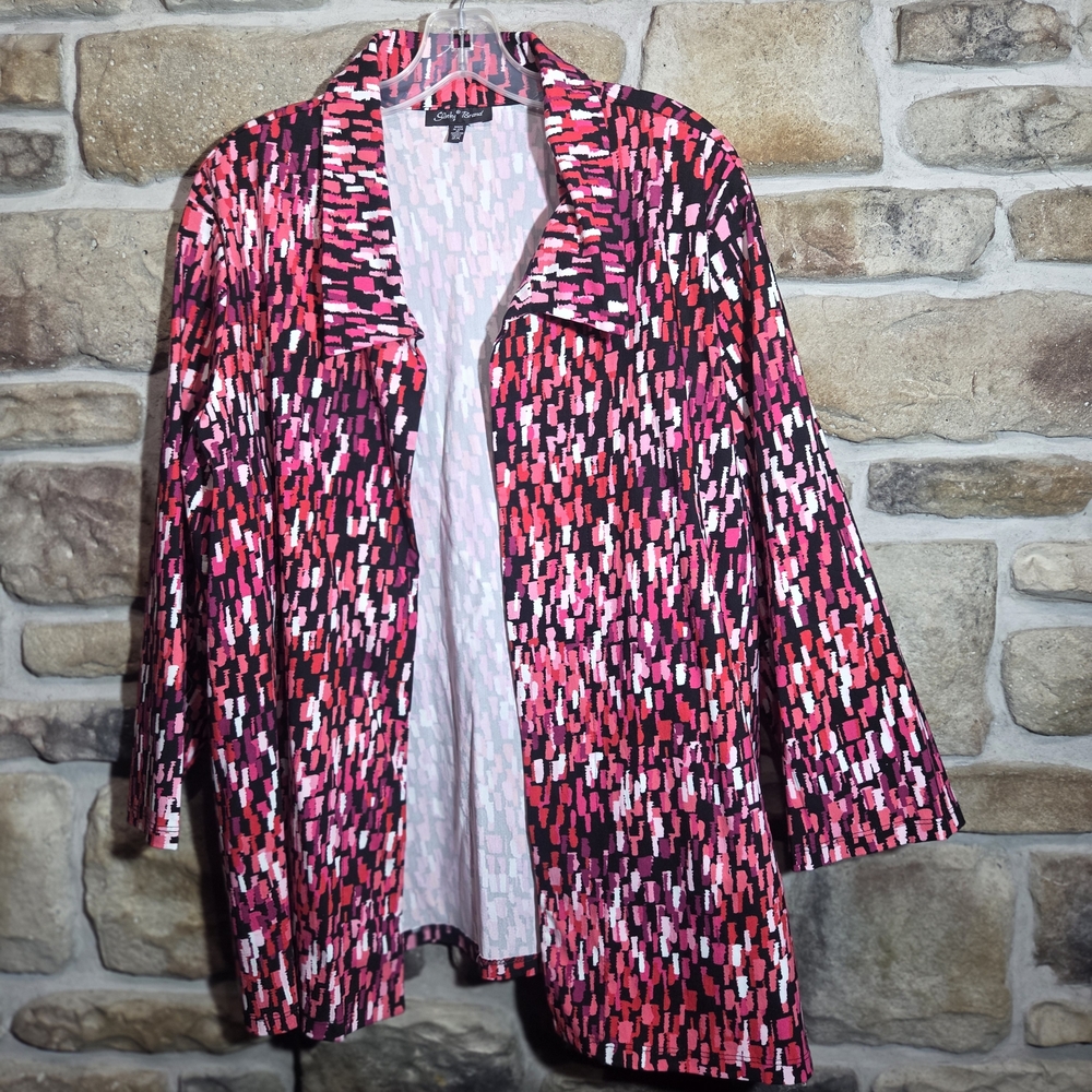 ​Slinky Brand Jacket Womens Plus Size 2X Pink Black Abstract Print Open Front...